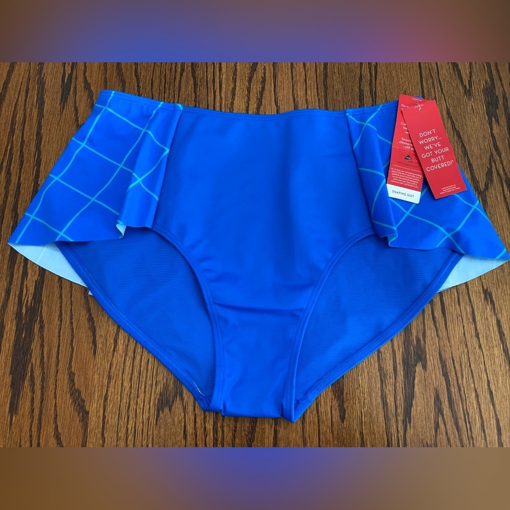 Spanx Flirty Skirted Swim Bottom Electric Blue Geo Bikini 12 NWT